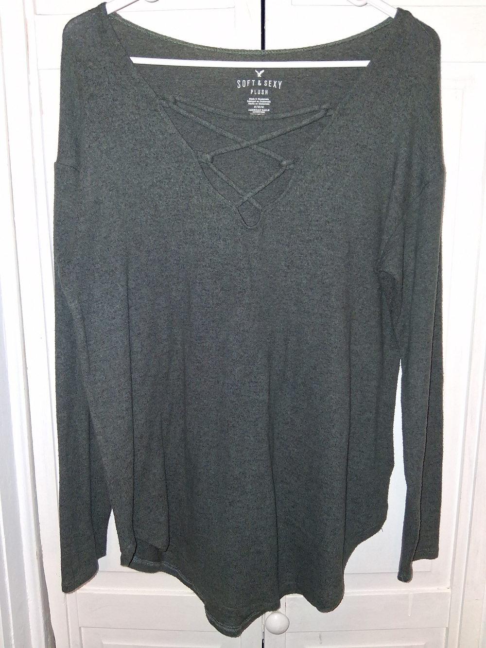 American Eagle Outfitters Olive Green Long Sleeve Lace-Up Top